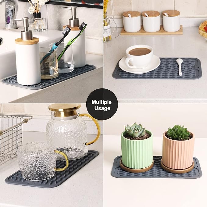 ZLR 2 Pcs Silicone Sink Caddy Tray (6" x 12") 2-Packs - Narrow Sponge Holder for Kitchen Counter - Waterproof Dish Drying Mat, Non-Slip Soap Dispenser Mat & Bathroom Vanity Organizer (Dark Gray)