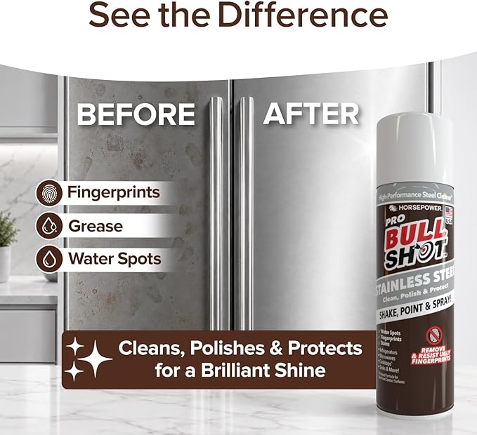 Horsepower Bull Shot Stainless Steel Cleaner Spray, As Seen On TV, Cleans, Polishes & Protects, Removes Greasy Fingerprints & Streaks