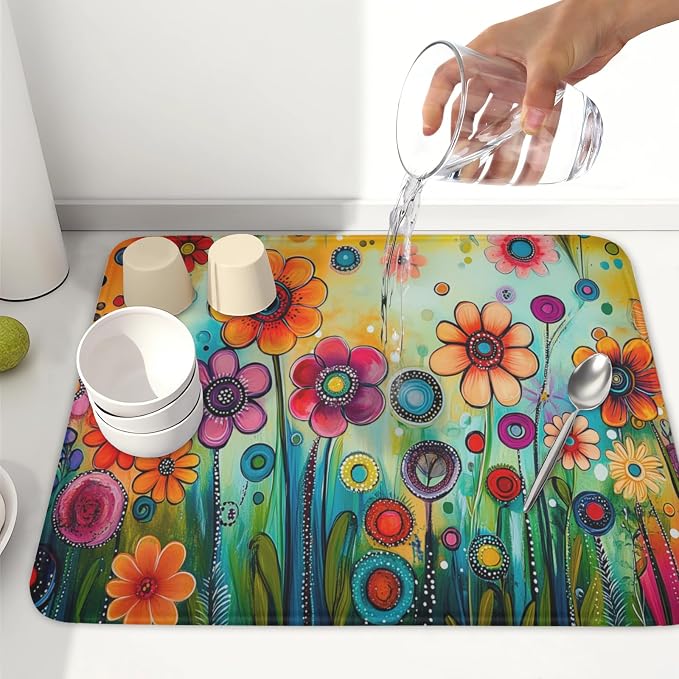 Abstract Colorful Floral Dish Drying Mat for Kitchen Counter Spring Summer Flower Microfiber Dish Drainer Mat Rustic Absorbent Washable Drying Pad 16"x18"