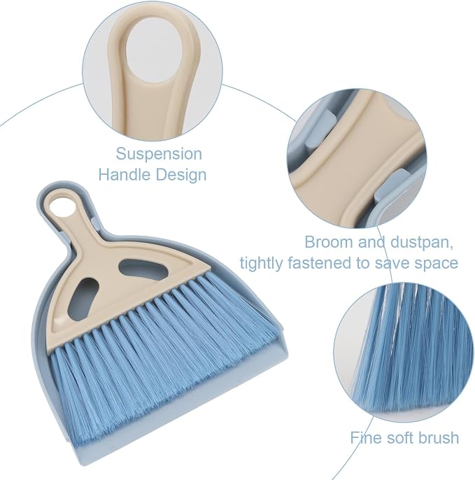 Mini Dustpan and Brush Set Portable Small Broom with Dust Pan Handheld Hangable Whisk Broom and Dust Pan for Home, Kitchen, Table, Office, Car 1 Pcs (Blue)