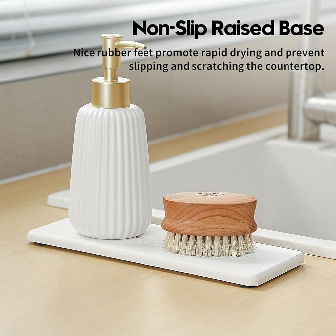 2 Pack Diatomite Stone Sink Tray, Water Absorbing Mat for Kitchen & Bathroom Counter, Quick Dry Soap Dish Makeup Vanity Caddy,Sponge Holder Organizer, White - 2pcs of 9"x 3.5"