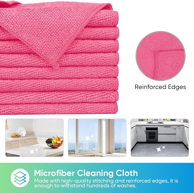 HOMEXCEL 24PK Microfiber Cleaning Cloth, Cleaning Rag for Home, 11.5x11.5in | Reusable, Lint Free, Scratch-Free and Highly Absorbent Towels for Kitchen, Window and Glass, Cars, Pink