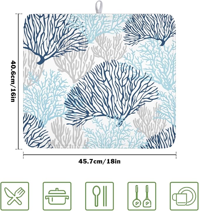 Beach Theme Dish Drying Mat for Kitchen Counter 16x18 Inch | Blue Coral，Polyester，Absorbent Microfiber，for Coffee Dining Decor