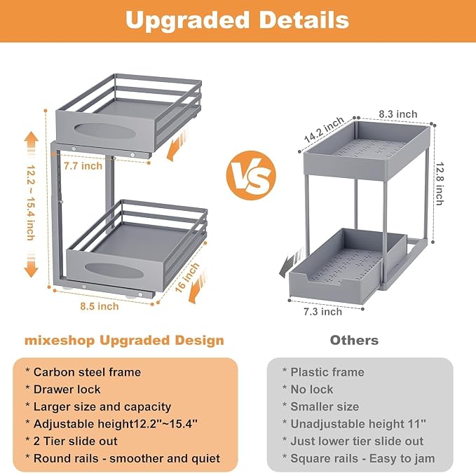 Under Sink Organizer, 2 Tier Under Sink Organizers and Storage, Adjustable Height, Slide out Metal Cabinet Organizers, Pull out Cabinet Storage Drawer Shelf for Kitchen Bathroom (Gray, 2 Pack)