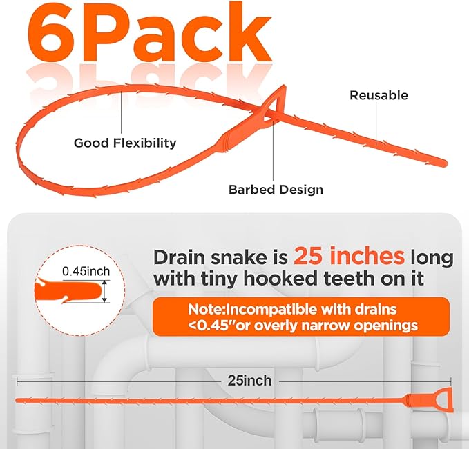 Forlivese 25 Inch Drain Snake, 6 Pack Drain Clog Remover,Sink Snake for Sewer Kitchen Sink Bathroom Tub Toilet Clogged Drains Relief Cleaning Tool