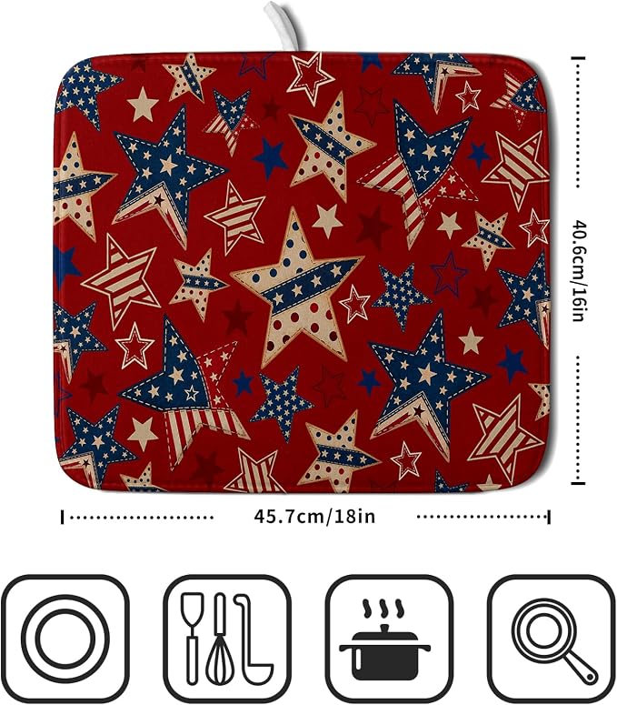 4th of July Dish Drying Mat for Kitchen Counter Patriotic Red Absorbent Dishes Dryer Pad