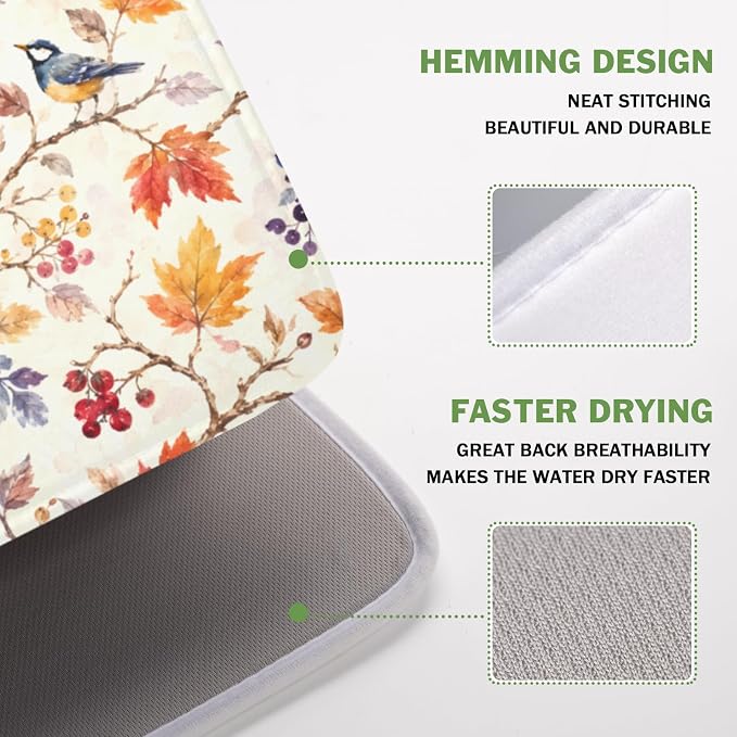 Fall Dish Drying Mat for Kitchen Counter Autumn Harvest Watercolor Maple Leaves Birds Dish Drainer Mat Rustic Farmhouse Absorbent Washable Drying Pad 16"x18"