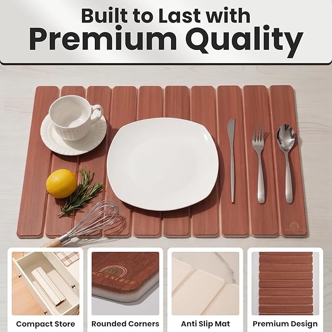 Large Stone Dish Drying Mat For Kitchen Counter | Non-Slip, Super Absorbent Diatomaceous Dish Dry Mat | Rollable Stone Drying Mat For Kitchen Counter, Heat-Resistant, Easy to Clean, Warm Walnut Color