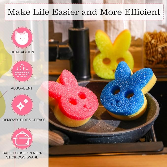 FillTouch 3 Pcs Dual Sided Scrub Sponge Multi Functional Cute Temperature Sensitive Non Scratch Dish Sponge for Washing Dishes Kitchen Bathroom(Rabbit,Pink, Yellow, Blue)