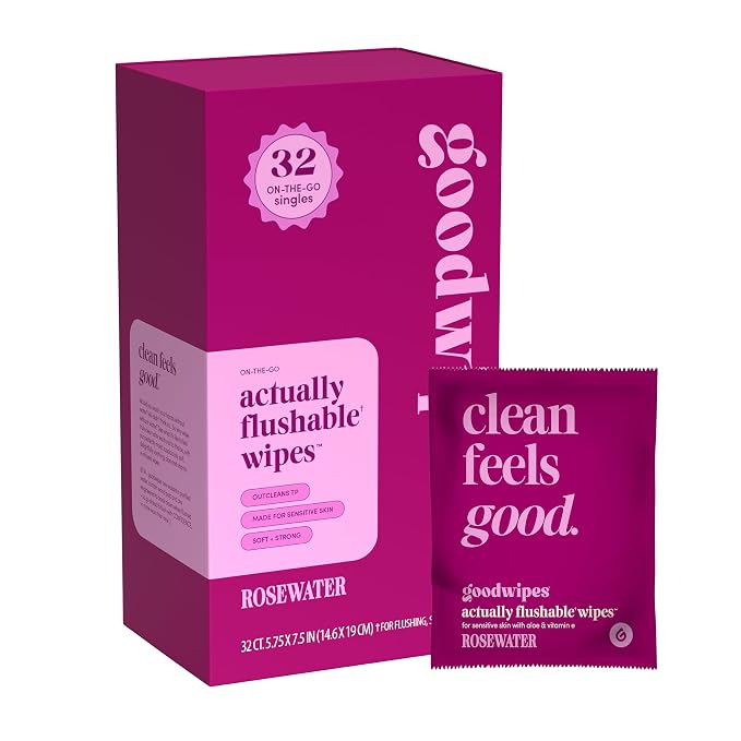 goodwipes Flushable Wipes for Women - Rosewater Individually Wrapped Travel Butt Wipes To Go, Mini Purse & Festival Essentials for Adults, pH Balanced for Feminine Hygiene, 32 Count (1 Pack)