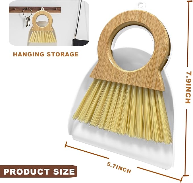 Mini Broom and Dustpan Set - Compact Bamboo Handle Cleaning Kit with Mini Dustpan Brush for Countertops, Tables, Desks - Small Dust Pan and Broom Combo for Tiny Spaces (White)