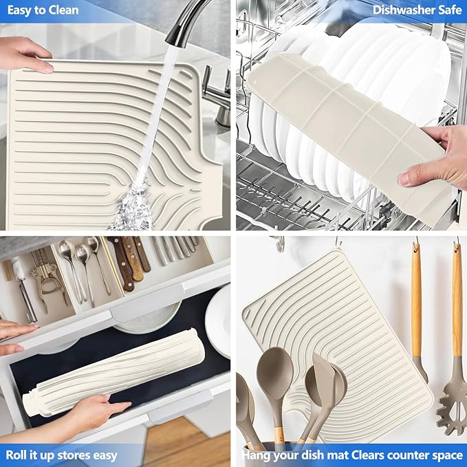 Dish Drying Mat for Kitchen Counter, with Built-in Drain Lip, Food-Grade Silicone, Easy Clean Pad for Countertop Protection, Multi-Functional Use (18x11.8, Beige)