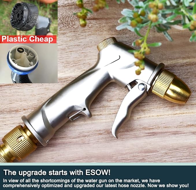 ESOW Garden Hose Nozzle Heavy Duty Metal, Full Brass Pistol Grip 4 Patterns | Ergonomic handle reduces hand fatigue. Rustproof, leak-proof. For car wash, lawn watering, pet shower, outdoor cleaning