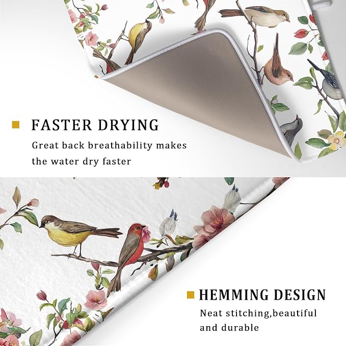 Spring Dish Drying Mat for Kitchen Counter Cute Birds Summer Holiday Microfiber Absorbent Dish Draining Reusable Washable Foldable Extra Large 18"x24"