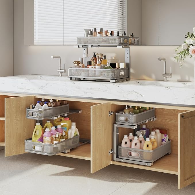 2 Pack 21.3IN-Depth Under Sink Organizer with Smooth Cylindrical Rail,2-Tier Pull Out Multi-Purpose Cabinet Storage for Bathroom&Kitchen,Height Adjustable,Rust-Resistant Coating-Gun Gray