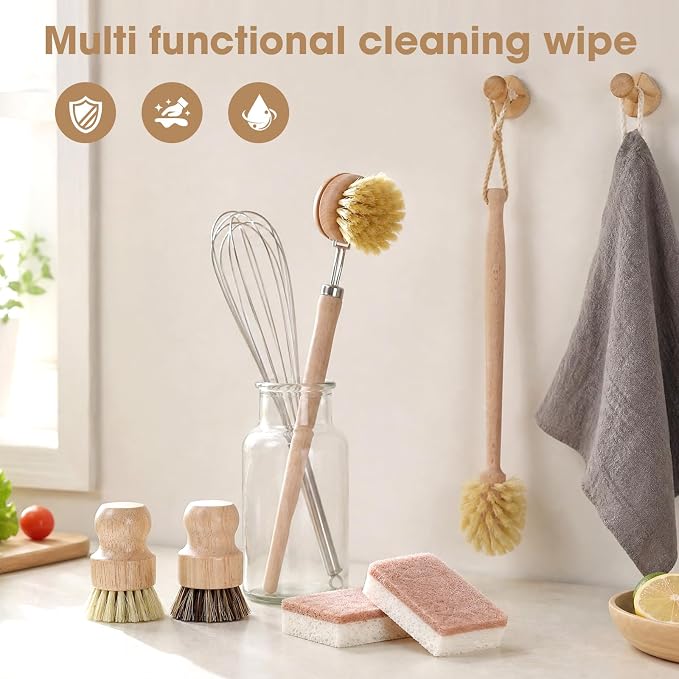 6 Pack Bamboo Dish Brush & Sponge Set, Wooden Handle Kitchen Scrub Brushes with Natural Sisal & Palm Fiber Heads, Multi-Purpose Dishwashing Cleaner for Dishes, Pots, Bottles, Vegetables