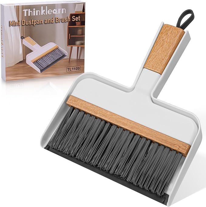 ThinkLearn Mini Dustpan and Brush Set, Bamboo Handle with Rubber Lip | Small Handheld Cleaning Set for Tight Spaces, Small Broom Dustpan for Home Car Camping