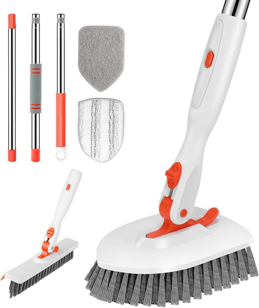 SetSail 4-in-1 Tile Tub Floor Scrubber with V-Shaped Grout Brush, Orange | with 3 Detachable Replacement Brush Head, Multi-Angle Cleaning Locks at 45°, 90°, 180° for Bathroom Kitchen Walls Tub Tile