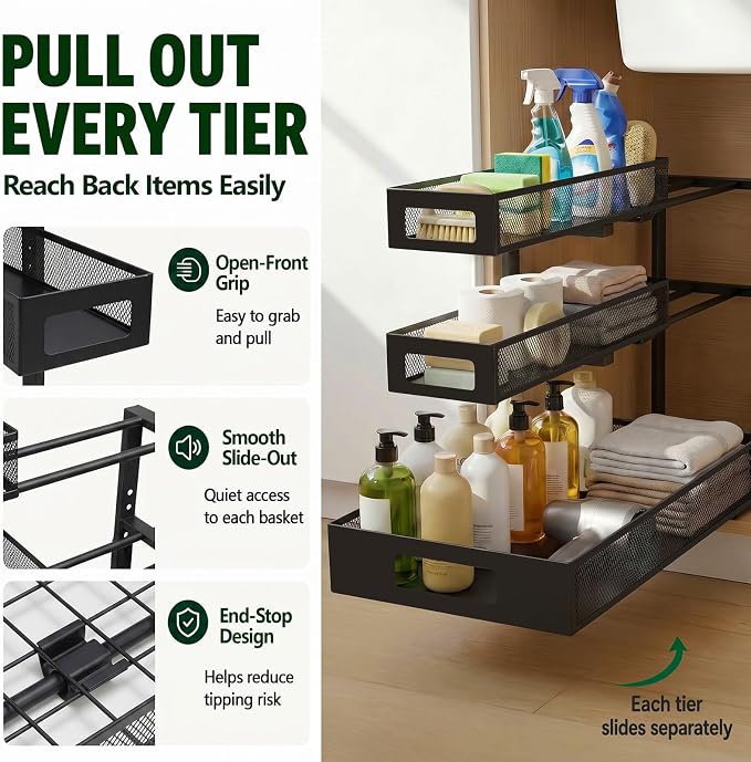 3 Tier Under Sink Organizer,1 Pack Pull Out Cabinet Shelves with Adjustable Height,Heavy Duty Carbon Steel L-Shaped Storage for Kitchen Bathroom Sink,Pantry & Laundry,Black