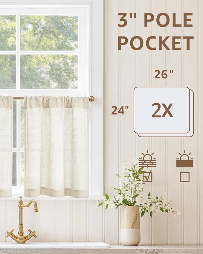 jinchan Rustic Linen Rod Pocket Tier Curtains, 26x24, 2 Panels, Natural | Light filtering, cafe curtains, machine washable, farmhouse, kitchen, bathrooms, laundry, small window, over sink