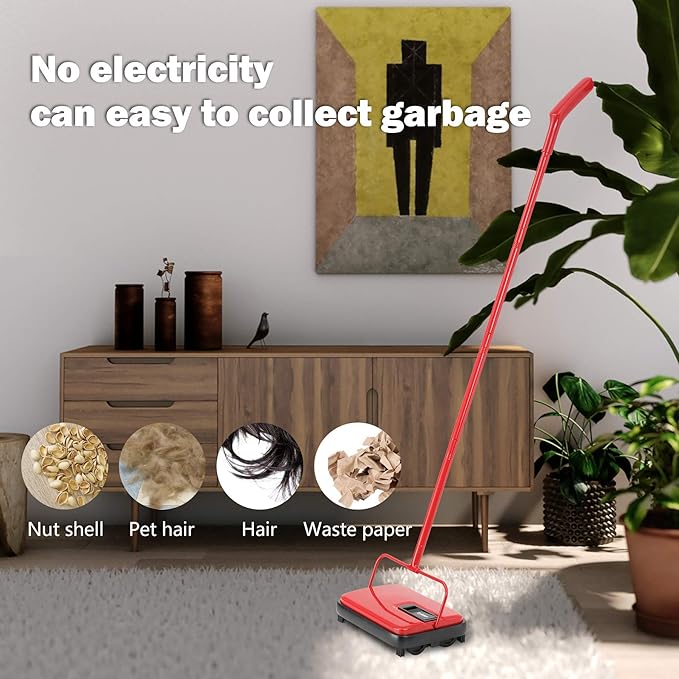 Eyliden Carpet Sweeper, Mini Size, Manual Sweeping, Red | Lightweight, Hand Push - No Noise, Non-Electric, Easy Clener, Only for Carpet and Rug Cleaning