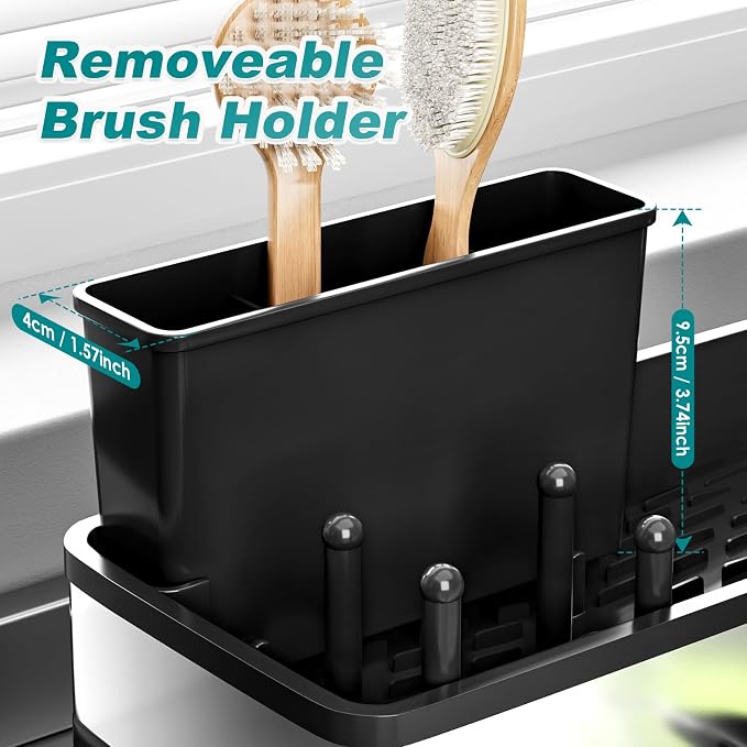 Ewaiira Stainless Steel Sink Caddy, Sponge Holder for Kitchen Sink with Brush Holder and Towel Rack, Sink Organizer for Countertop, Soap Kitchen Organizers Storage Essentials (A-Black)