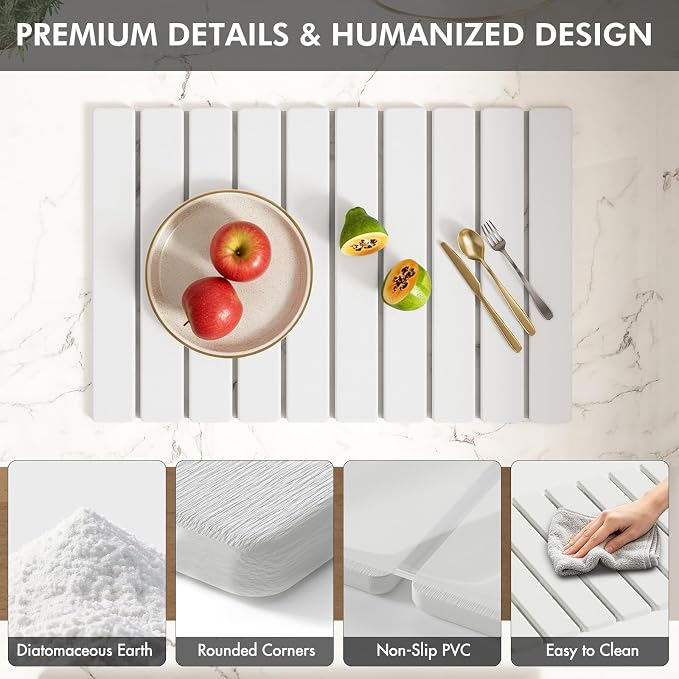 4 Pcs Stone Dish Drying Mat Set, 24''x16'' Large Super Absorbent Diatomaceous Earth Stone Drying Mat Faucet Mat with 2 Coasters, Collapsible Quick Dry Mat for Kitchen Counter Dishes
