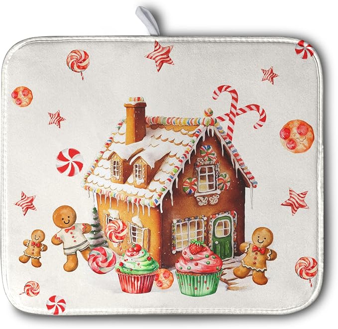 Christmas Dish Drying Mat for Kitchen Counter 16x18 Gingerbread House Man Candy Canes Cookie Cake Drying Mat for Dishes Xmas Winter Holiday Microfiber Drying Pad Dish Drying Pad for Coffee Bar Sink