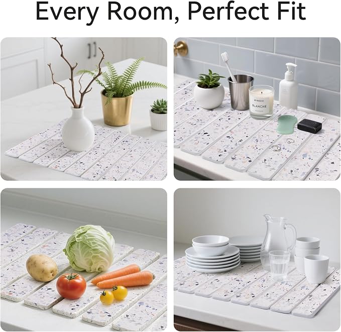 Stone Drying Mat for Kitchen Counter, 24 x 16 inches, Fast Drying Collapsible Dish Drying Mat, Eco-Friendly Absorbent Diatomaceous Earth Mats for Dishes Bottles Cups (Terrazzo)