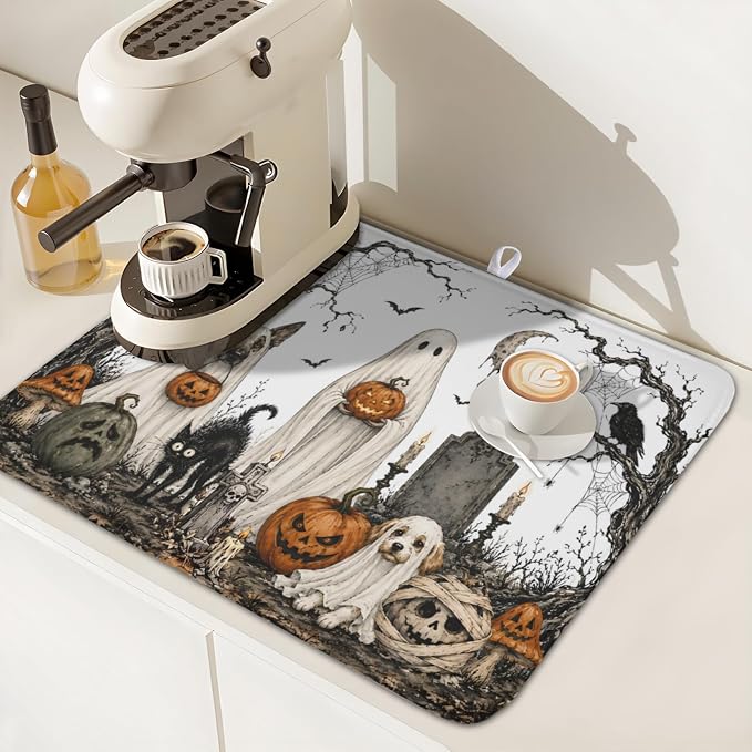 Halloween Ghost Dish Drying Mat for Kitchen Counter Spooky Pumpkins Dog Cat Crow Pattern Microfiber Dish Drainer Mat Vintage Holiday Absorbent Washable Drying Pad 16"x18"