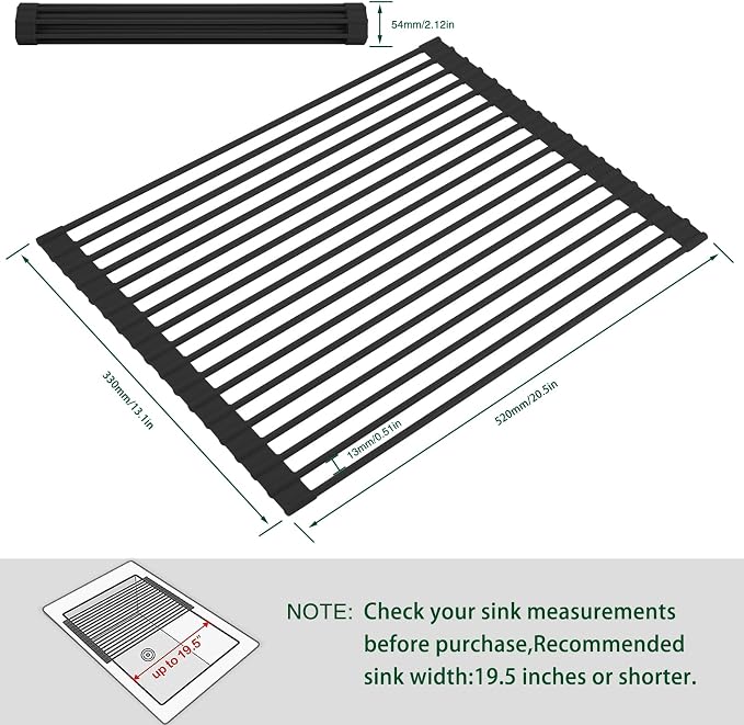 HANZENMA Roll Up Dish Drying Rack Over The Sink Kitchen Roll Up Sink Drying Rack Multipurpose Foldable Sink Drying Mat, Heat-Resistant, Anti-Slip & Anti-Rust Dish Rack for Kitchen, 20.5" x 13", Black