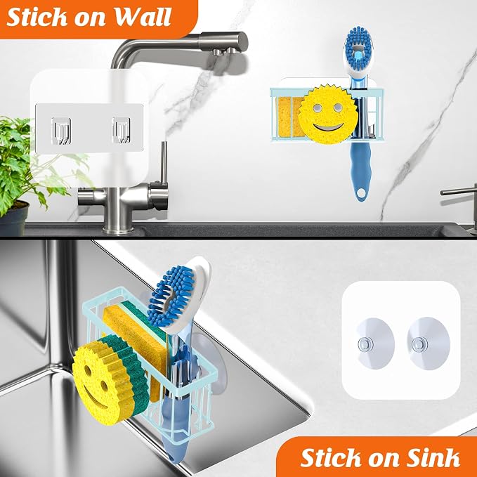 MURLONG Sponge Holder Smiley Face,Sink Caddy for Kitchen Sink,Sponge Holder with 2 PCS Suction Cups/1 PCS Adhesive Strips,Designed for Sponge,Soap,Dish Brush,Scrubber-Blue