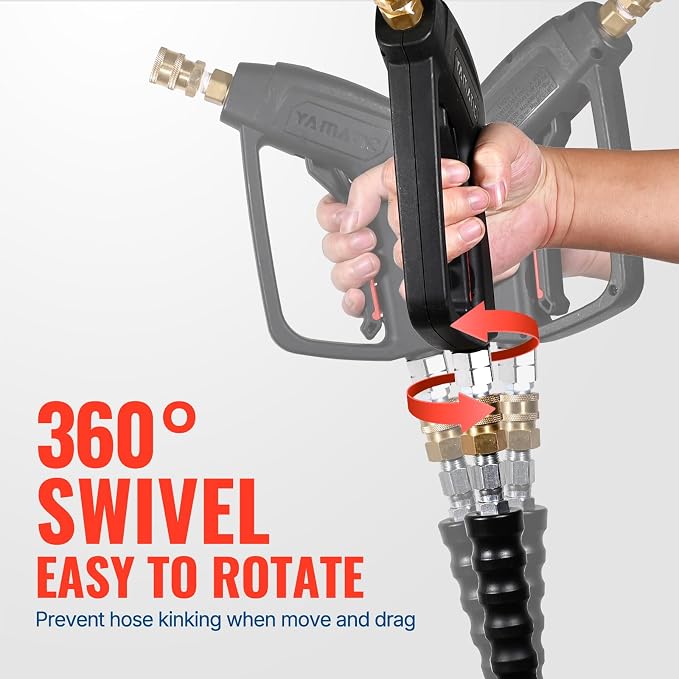 YAMATIC Short Pressure Washer Gun with Stainless Steel 3/8" QC 4000 PSI | 360° Swivel with Easy Pull Trigger 5 Nozzle Tips 1/4" Outlet Replacement for Ryobi Simpson Craftsman Greenworks Troy Bilt