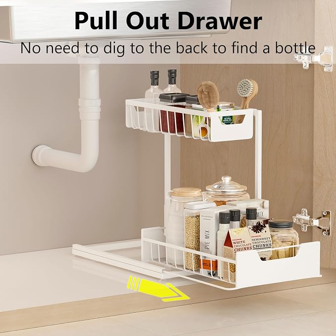 Ceetug Under Kitchen Sink Organizers and Storage, White, 1 Pack | Slide Out Drawer, L-shape, 2 Tier, Cabinet Organizer for Kitchen Bathroom