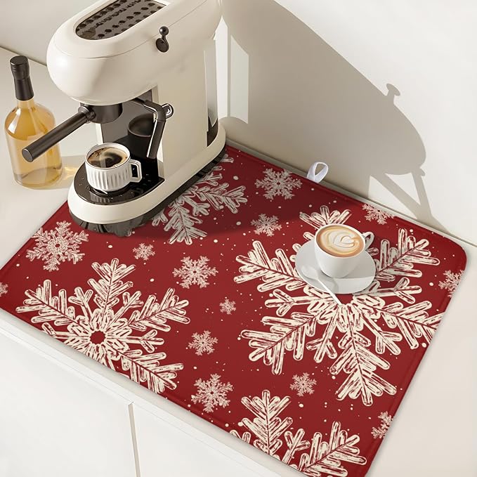 Red Christmas Dish Drying Mat for Kitchen Counter 18x24 Inch | Christmas Snowflake Dish Drainer Mat Rustic Farmhouse Xmas Holiday Absorbent Washable Drying Pad