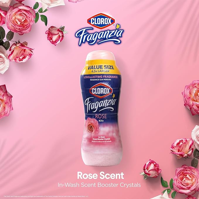 Clorox Fraganzia In-Wash Laundry Scent Booster Crystals Rose Scent Fresh Smelling Clothes Linens Safe All Fabrics Colors Easy Pour 70 OZ 6 Pack Extended Household Supply Standard HE Machines
