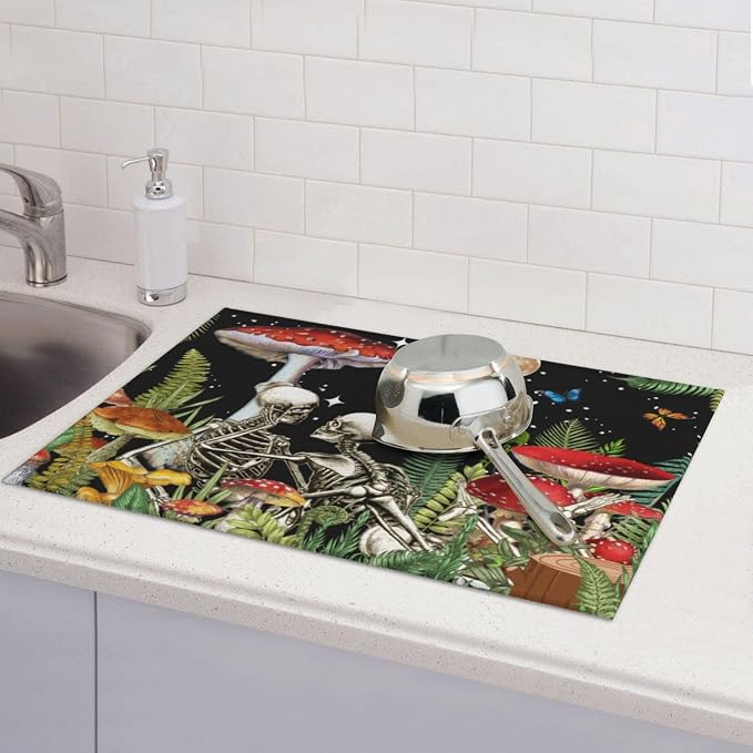 Red Mushroom Skull Dish Drying Mat For Kitchen Counter, Super Absorbent Microfiber Dish Drying Pad, Kitchen Gadgets For Easy Clean Multi-Use Large 18"x24"