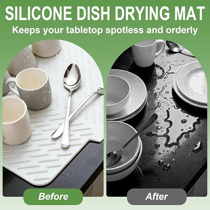 Silicone Drying Mat, 23"X17" With Built-in Drain Lip,Heat-Resistant,Eco-friendly,Hygienic Drying Pad,Leak-Proof and Non-Slip,Silicone Dish Drying Mat for Kitchen Counter or Sink（White 23X17）