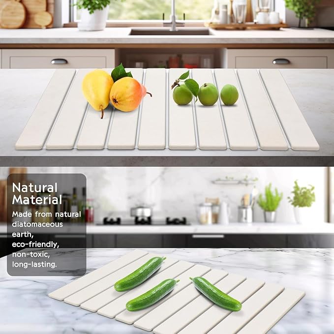 Large Stone Dish Drying Mat for Kitchen Counter, 24"(L)×16"(W), Collapsible Quick Drying Dish Mats, Ultra Absorbent Diatomaceous Earth Mats for Dishes Bottles Cups, Match Any Countertop