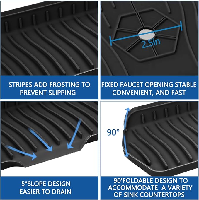 Kitchen Sink Splash Guard Gen2-30" x 6'' Silicone Sink Mat Splash Guard fit for Countertop, Bathroom,Farmhouse,RV by EBIGIC (Black)