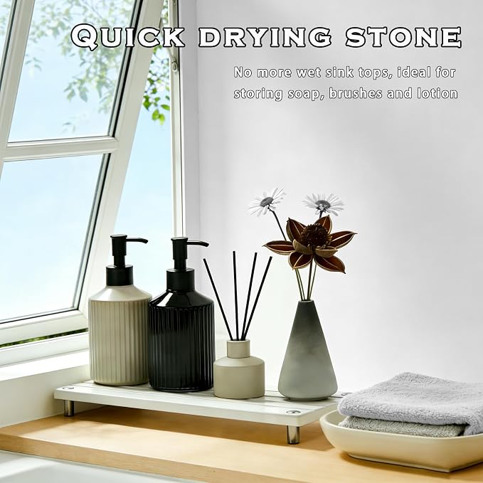Durable Kitchen Sink Organizer, Instant Dry Sink Caddy for Bathroom Counter, Diatomite Stone Drying Tray, Upgrade Water Absorbing Stone Tray for Sink, Anti-Slip Stone Soap Tray -White