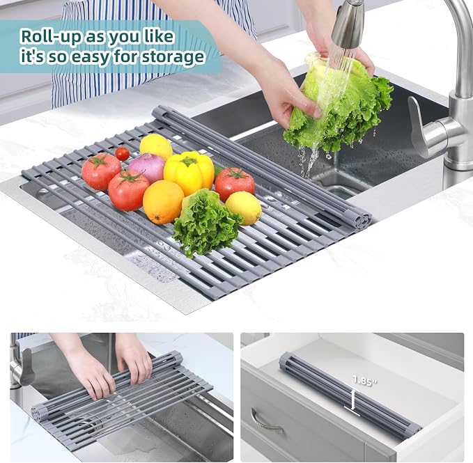 Ohuhu Over Sink Dish Drying Rack Silicone Wrapped 17.6" W x 15.4" L Large Over the Sink Roll Up Dish Drainer - Foldable Sink Drying Rack Rolling Drain Mats Anti-Slip Multipurpose for Kitchen Counter