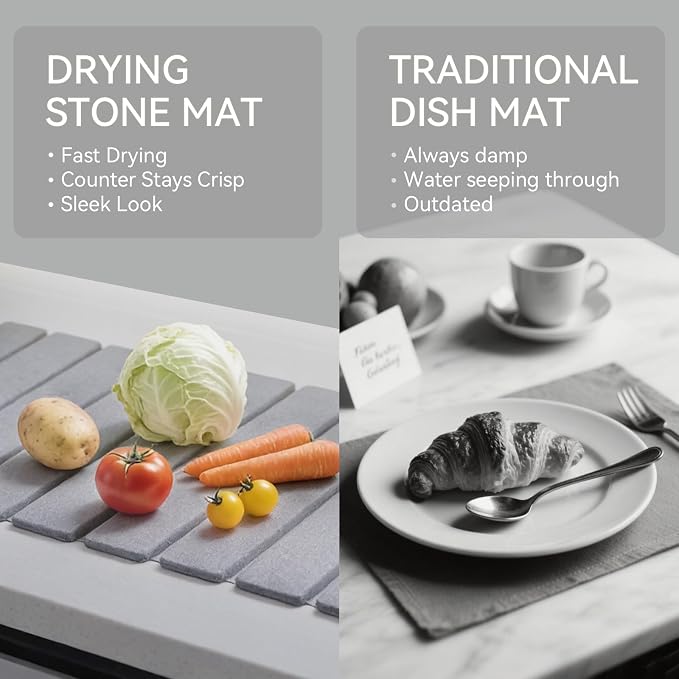 Stone Drying Mat for Kitchen Counter, 24"(L)×16"(W), Drying Matt Kitchen Counter, Quick Dry Stone Dishes Mats, Foldable Diatomaceous Earth Mat (Dove Gray)