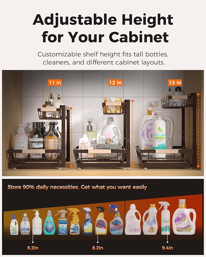 Sevenblue 3 Pack Under Sink Organizer, Height Adjustable 2 Tier Pull-Out Metal Under Kitchen Sink Organizer, Multi-Purpose Storage Shelves for Kitchen Bathroom Cabinet, Brown