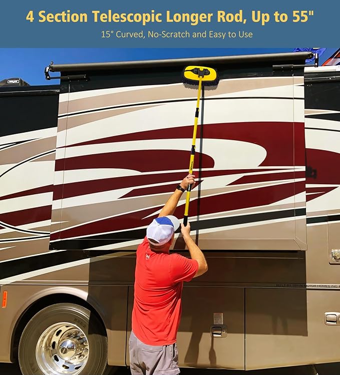 YeewayVeh Car Wash Brush Mop, 55" Long Handle, 15° Curved, Yellow & Black | Extra Microfiber Mop Head, Extension Pole, Scratch-Free Auto Cleaning Kit for Truck, SUV & RV