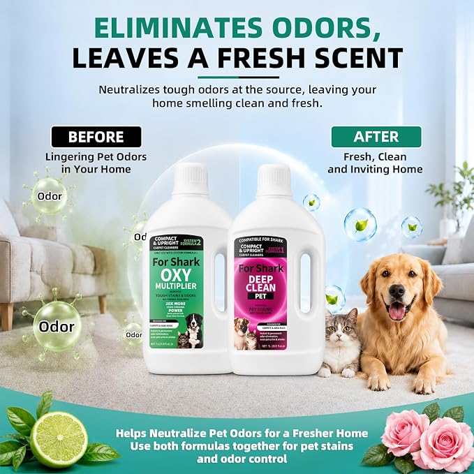 Carpet Cleaner Set Compatible with Shark Deep Clean Pet + OXY Multiplier | Two-bottle System; 68oz Total; Deep Clean Formula + OXY Booster Work Together for Pet Stains, Odors, Rugs & Upholstery