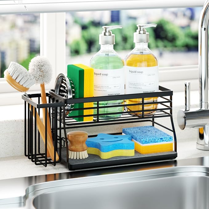 SWTYMIKI Sponge Holder for Kitchen Sink - 2 Tier Rustproof Sink Caddy with Instant Drying Stone, Removable Dish Brush Holder, Stainless Steel Kitchen Caddy for Coutertop Storage Accessories