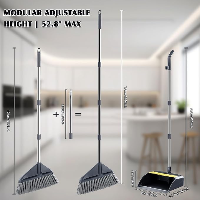 Broom and Dustpan Set with 52" Long Handle | Stand Up Dustpan with No Warping Metal Edge, 4-Layer Flagged-Tip Bristles, Hair Cleaning Teeth for Home, Kitchen & Office