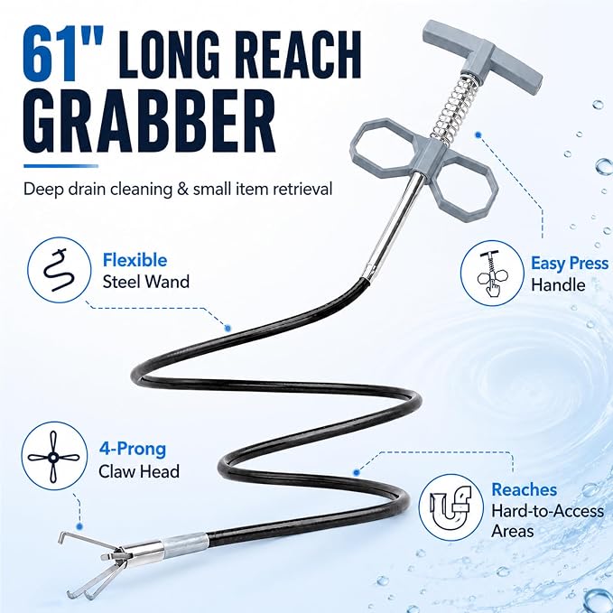 61 Inch Drain Snake Upgraded Ergonomic Grip – Toilet Snake Flexible Grabber Claw for Clog Remover & Pick Up Small Items