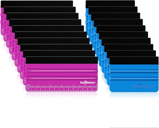 TECKWRAP Professional Felt Squeegee for Vinyl, 20 PCS | Plastic Felt Squeegee Tool, For Decals Inkjet Vinyl Sticker Paper, Wallpaper Application Tools, 6" Pitaya×10 & 4" Blue×10